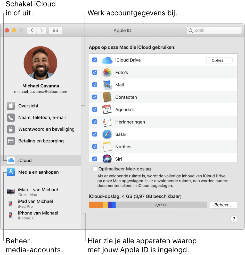 Het paneel 'Apple ID' in Systeemvoorkeuren. Klik op een onderdeel in de navigatiekolom om je accountgegevens bij te werken, iCloud in of uit te schakelen, media-accounts te beheren en alle apparaten te zien waarop je met je Apple ID bent ingelogd.