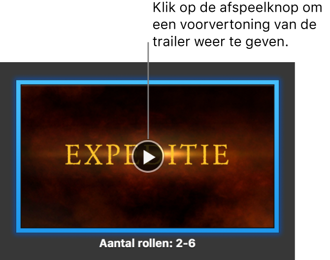 Het iMovie-trailerscherm met daarin de afspeelknop.