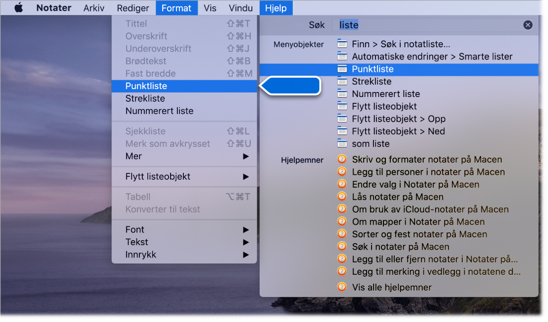 Hjelp-menyen som viser et søk etter «liste» med Punktliste-kommandoen uthevet i listen med resultater og i Format-menyen.