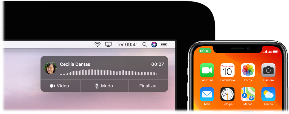 Tela de um Mac mostrando a janela de notificação de ligação no canto superior direito e um iPhone mostrando que uma ligação está em andamento através do Mac.