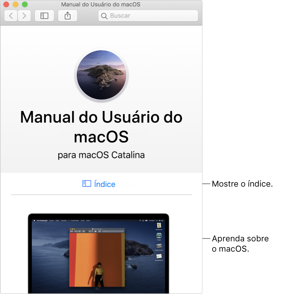 Página de boas-vindas do Manual do Usuário do macOS mostrando o link Índice.
