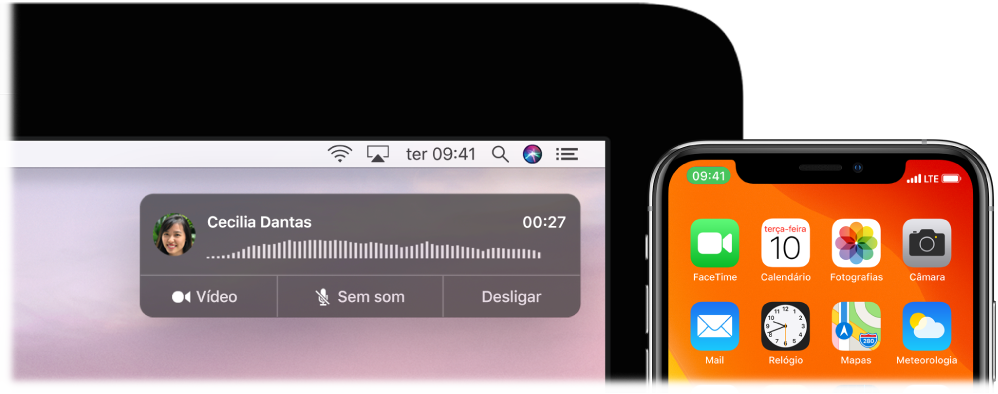 Ecrã do Mac a mostrar a janela de notificação de chamada no canto superior direito e um iPhone a mostrar que está uma chamada em curso através do Mac.