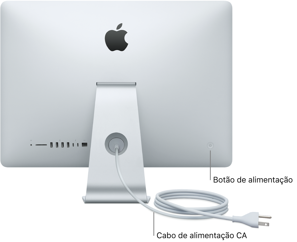 Vista traseira do iMac a mostrar o cabo de alimentação de CA e o botão de alimentação.