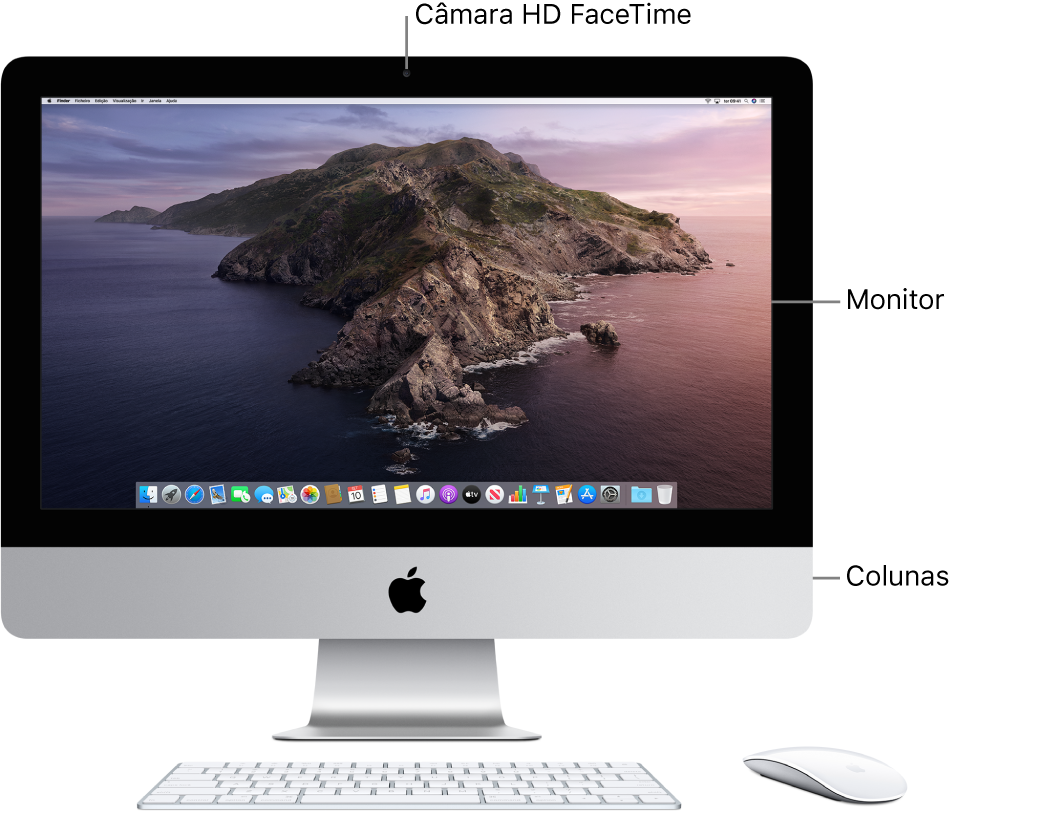 Vista frontal do iMac a mostrar o ecrã, câmara e colunas.