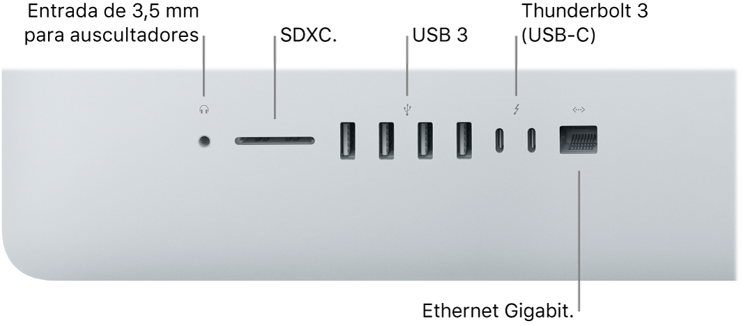 Um iMac, a mostrar a entrada de 3,5 mm para auscultadores, a ranhura para cartões SDXC, as portas USB 3, as portas Thunderbolt 3 (USB-C) e a porta Gigabit Ethernet.