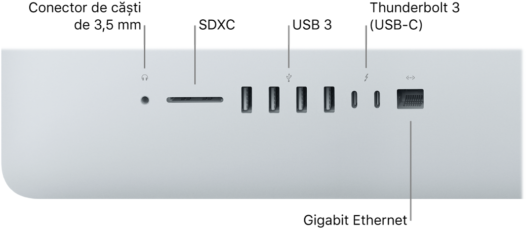 Un iMac afișând mufa de 3,5 mm pentru căști, slotul SDXC, porturile USB 3, porturile Thunderbolt 3 (USB-C) și portul Gigabit Ethernet.