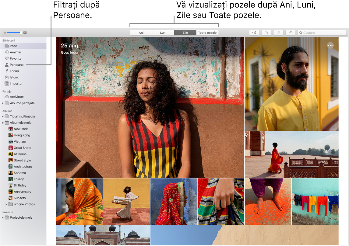 O fereastră Poze arătând cum să filtrați pozele din album printr-o varietate de modalități.