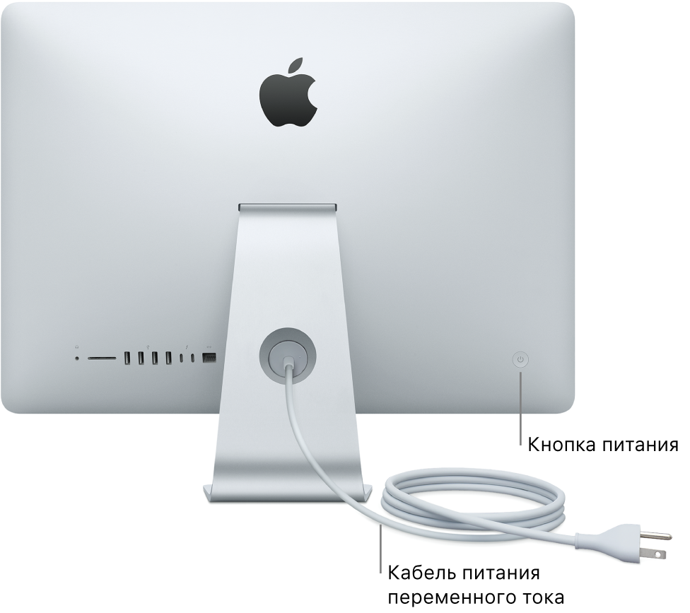 Задняя панель iMac. Показаны кабель питания переменного тока и кнопка питания.