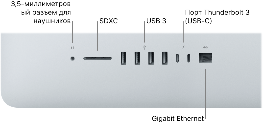 Компьютер iMac, на котором показаны аудиоразъем 3,5 мм для наушников, разъем для карты SDXC, порты USB 3, порты Thunderbolt 3 (USB-C) и порт Gigabit Ethernet.