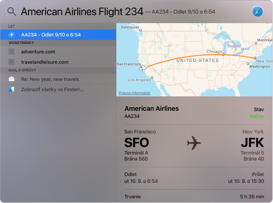 Okno Spotlightu zobrazujúce mapu a informácie o hľadanom lete.