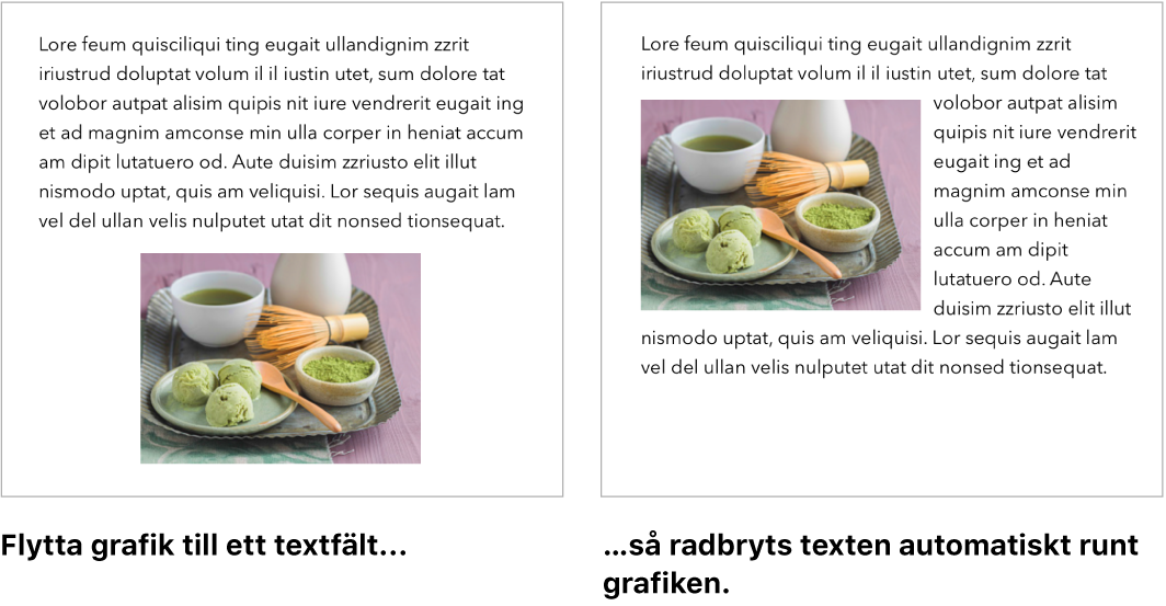 Ett Pages-fönster som visar hur text radbryts runt grafik.