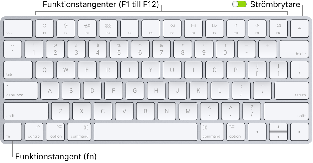 Magic Keyboard med funktionstangenten (fn) i det nedre vänstra hörnet och strömbrytaren i det övre högra hörnet av tangentbordet.