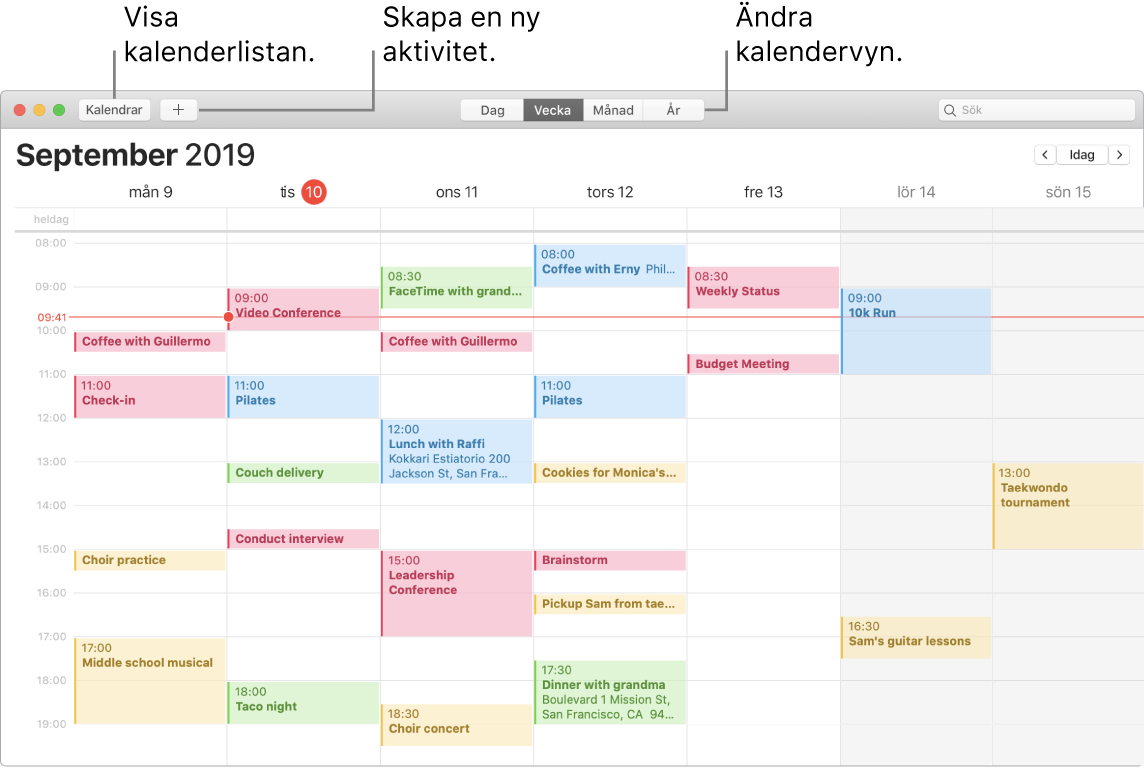 Ett Kalender-fönster som illustrerar hur du skapar en aktivitet, visar kalenderlistan och väljer dag-, vecko-, månads- eller årsvyn.