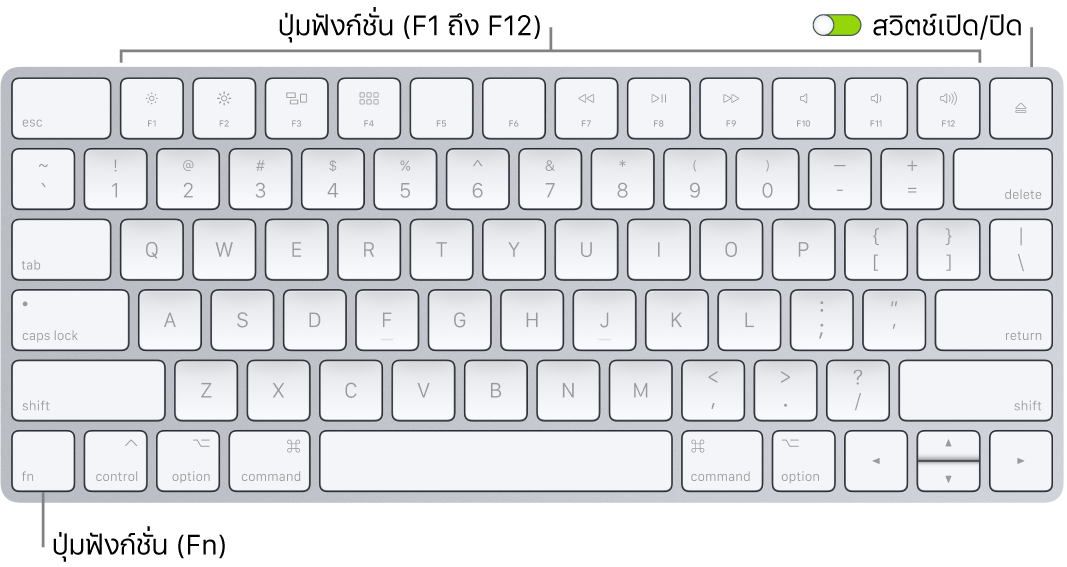 Magic Keyboard ที่แสดงปุ่ม Function (Fn) ที่มุมซ้ายล่าง และสวิตช์เปิด/ปิดเครื่องที่มุมขวาบนของแป้นพิมพ์