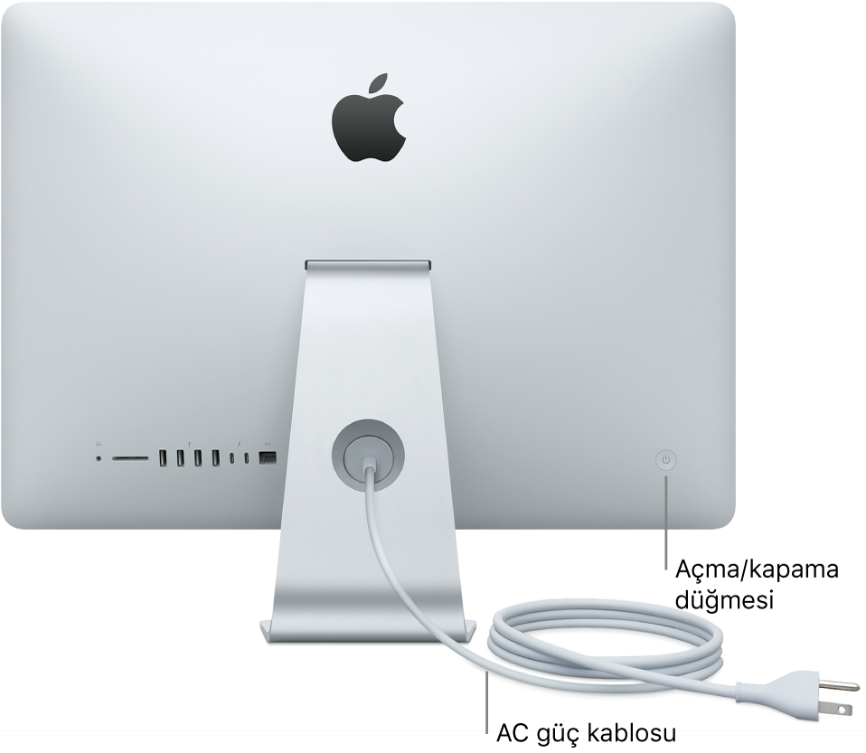 AC güç kablosunu ve açma/kapama düğmesini gösteren iMac’in arka görünümü.