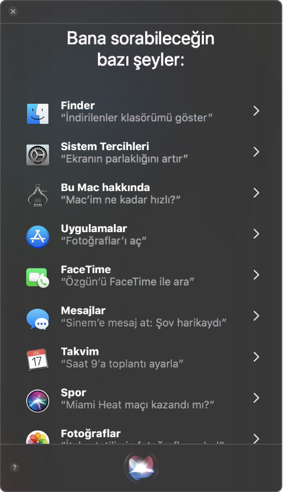 “Bana sorabileceğiniz bazı şeyler” başlığı ile “Galatasaray maçı kazandı mı?” gibi örnek Siri sorgularını gösteren bir Siri penceresi.