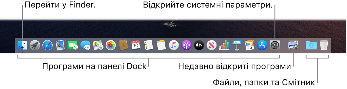 Панель Dock, Finder і Системні параметри та риска, що відокремлює програми від папок і файлів на панелі Dock.