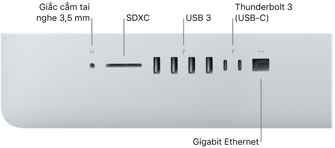 Một iMac đang hiển thị giắc cắm tai nghe 3,5 mm, khe cắm SDXC, các cổng USB 3, các cổng Thunderbolt 3 (USB-C) và cổng Gigabit Ethernet.