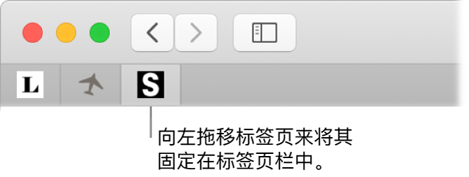 Safari 浏览器窗口，显示如何将标签页固定到标签页栏中。