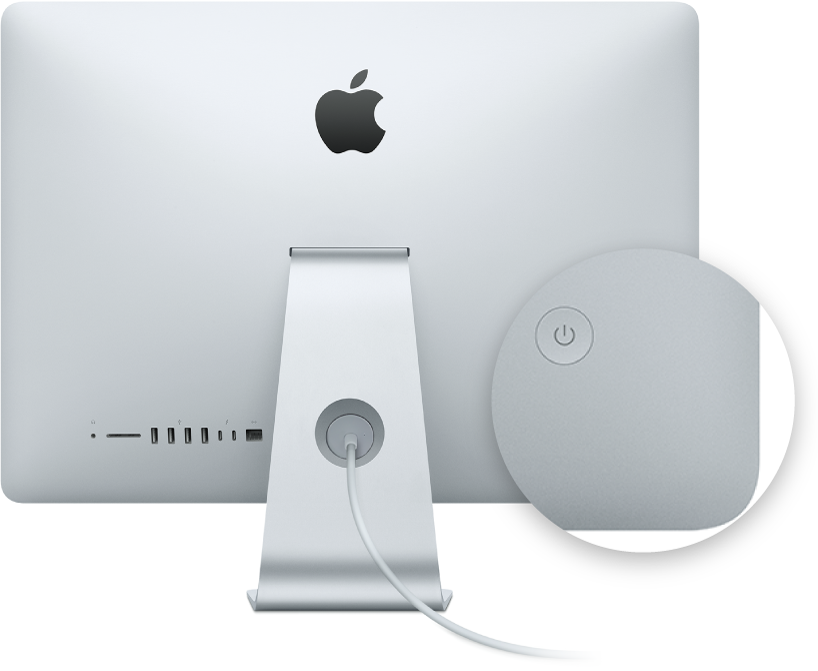 iMac 显示器的背面视图，标注了电源按钮。