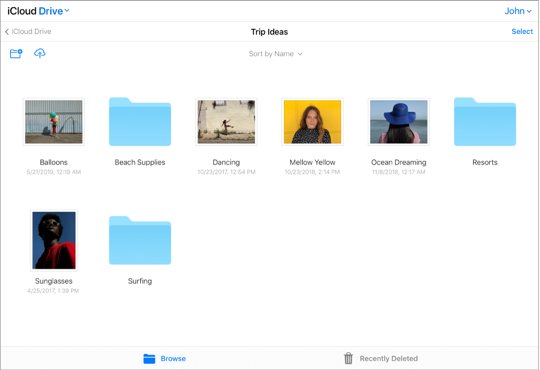 Un dosar iCloud Drive denumit „Idei de călătorii” conține poze și sub-dosare.