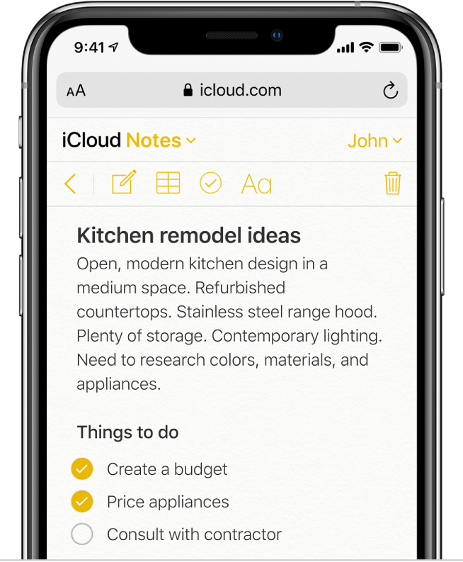 Note iCloud intitulée « Kitchen remodel ideas » (Idées de rénovation pour la cuisine). Elle contient une liste de contrôle appelée « Things to do » (À faire) avec deux éléments cochés.