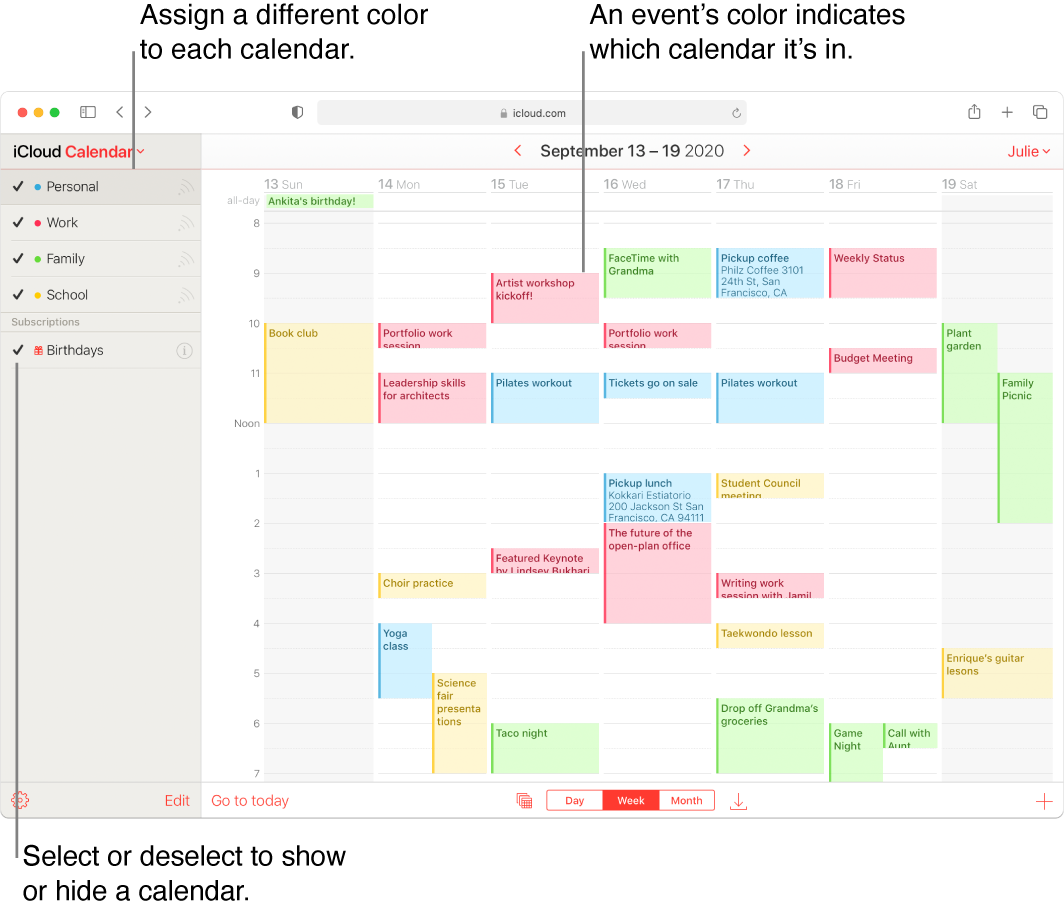 The iCloud Calendar window, with several calendars visible. Assign a different color to each calendar. An event’s color indicates which calendar it’s in. Select or deselect a checkmark to show or hide a calendar.
