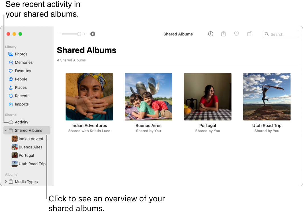 The Photos app on Mac. There is a line pointing to Activity in the sidebar with the callout: “See recent activity in your shared albums.” Shared Albums is selected in the sidebar with the callout: “Click to see an overview of your shared albums.”