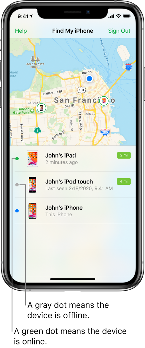The Find My iPhone app open on an iPhone. The locations of three devices are shown on a map of San Francisco. John’s iPad is indicated by a green dot because it’s online. John’s iPod touch is indicated by a gray dot because it’s offline. John’s iPhone is sharing his current location.