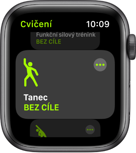Obrazovka Cvičení se zvýrazněnou kategorií cvičení Tanec