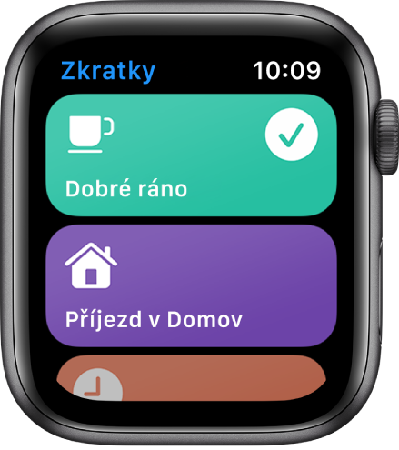 Obrazovka Zkratky se dvěma zkratkami – Dobré ráno a Příjezd domů.