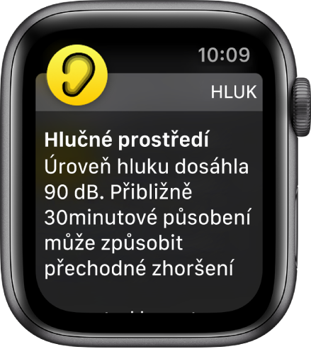 Obrazovka Hluk se zobrazenou hodnotou hlasitosti 100 dB. Pod ní je uvedené varování před důsledky dlouhodobého působení takto hlasitých zvuků.