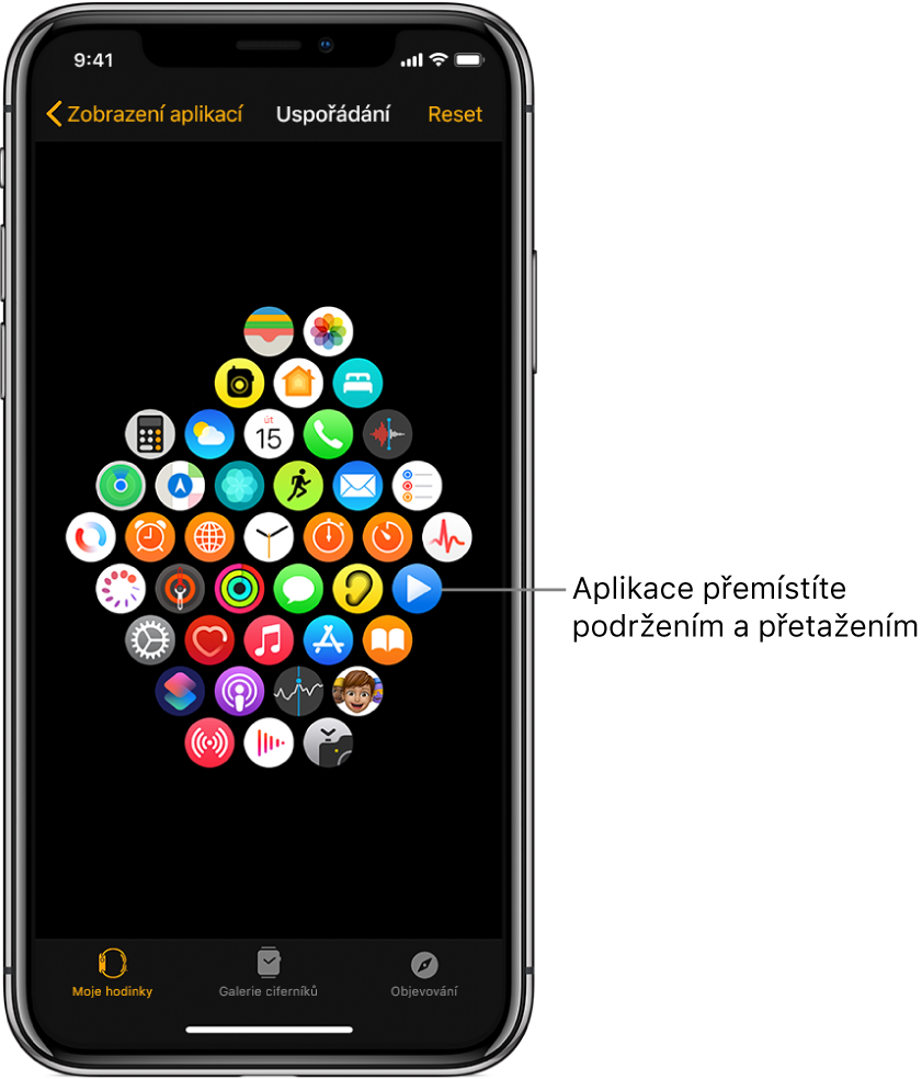 Obrazovka Uspořádání v aplikaci Apple Watch s ikonami uspořádanými v mřížce.