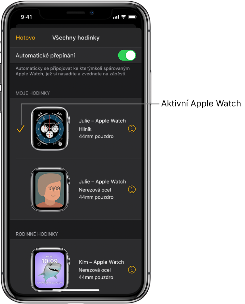 Na obrazovce Všechny hodinky v aplikaci Apple Watch jsou aktivní Apple Watch označeny zaškrtnutím.