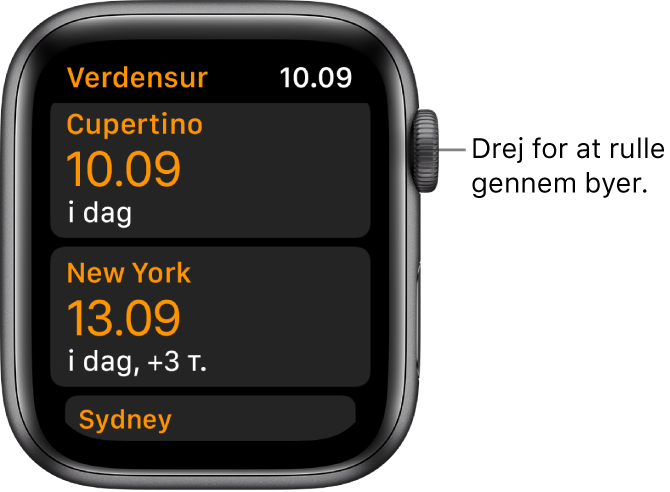 Appen Verdensur med en liste med byer og en rulleskakt.
