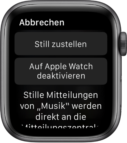 Einstellungen für Mitteilungen auf der Apple Watch. Die Taste „Still zustellen“ befindet sich oben und darunter befindet sich die Taste „Auf der Apple Watch deaktivieren“.