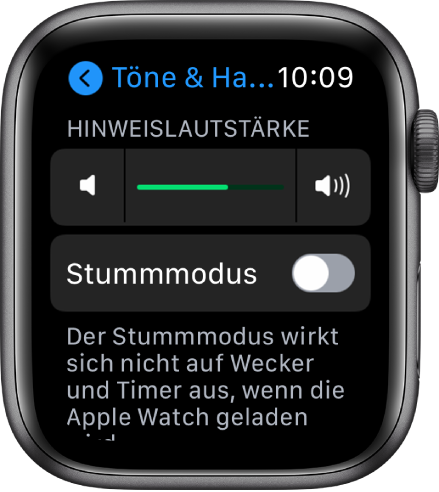 Die Einstellungen für „Töne & Haptik“ auf der Apple Watch mit dem Regler „Warnton-Lautstärke“ oben und der Taste „Stummmodus“ darunter.