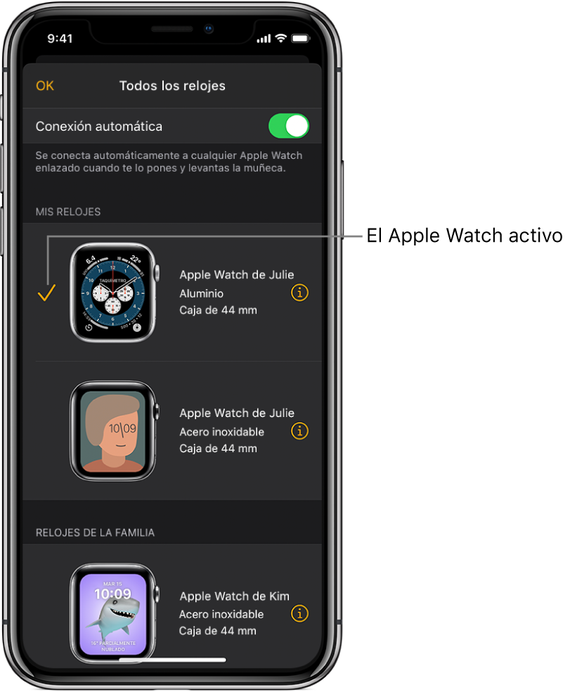 En la pantalla “Todos los relojes” de la app Apple Watch, una marca de verificación muestra el Apple Watch activo.