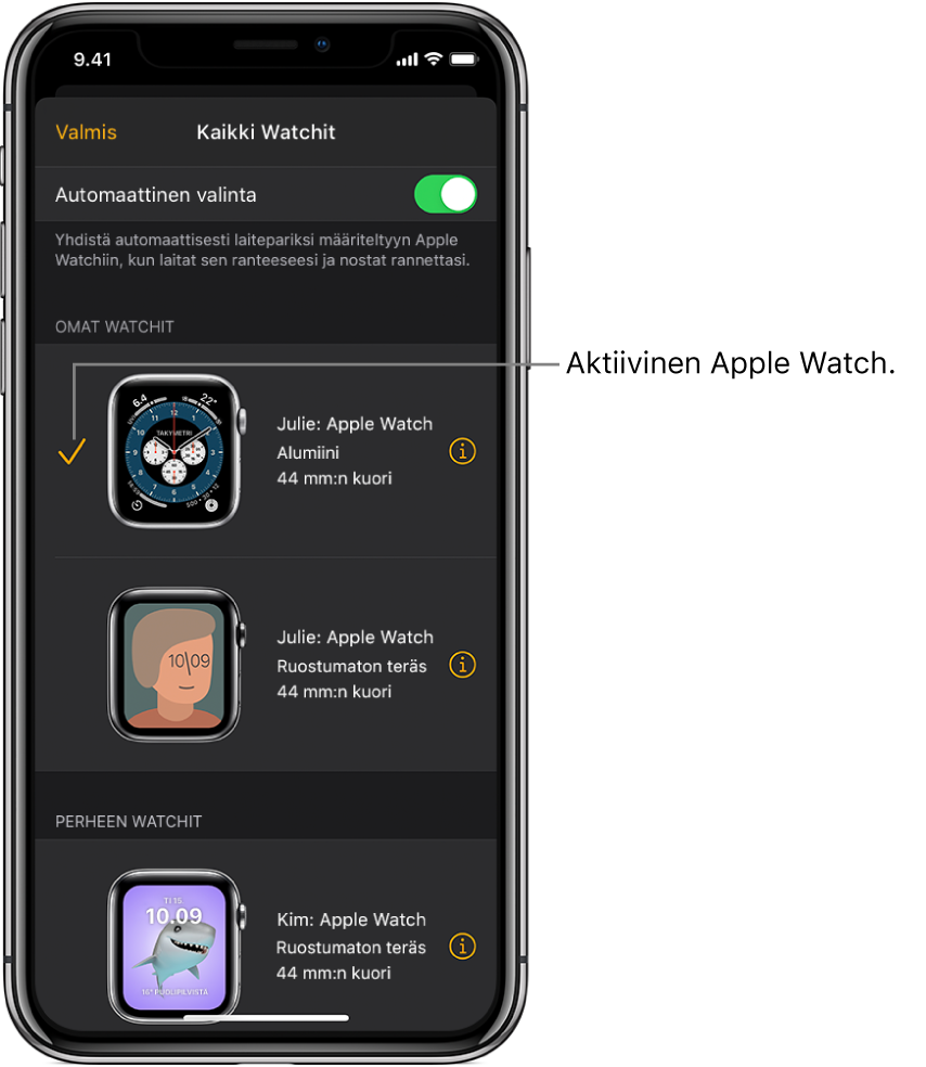 Apple Watch ‑apin Kaikki Watchit -näytössä valintamerkki osoittaa aktiivisen Apple Watchin.