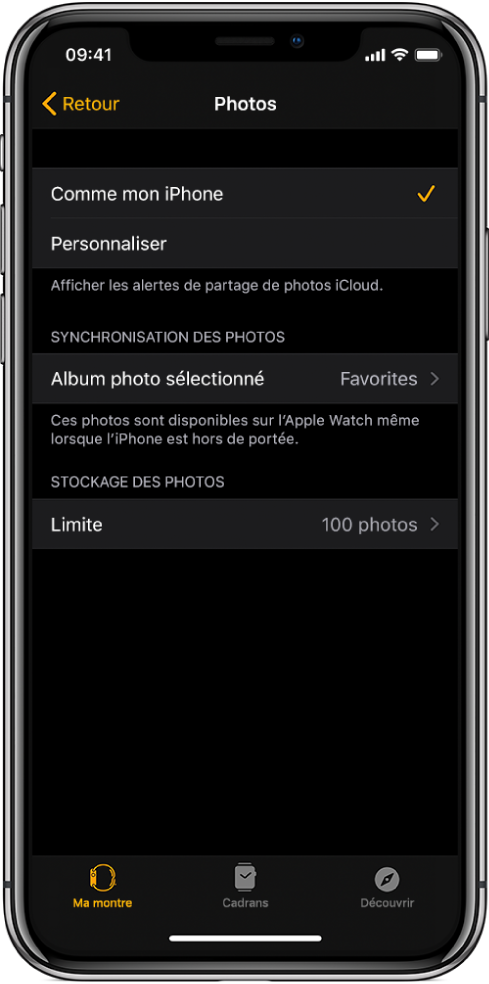 Réglages Photos dans l’app Apple Watch sur l’iPhone, avec le réglage « Synchronisation des photos » au milieu et le réglage « Limite de photos » en dessous.