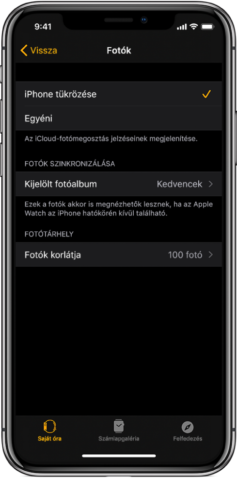 Az iPhone-on lévő Apple Watch alkalmazás fotóbeállításai; középen látható a Fotók szinkronizálása beállítás, alatta pedig a Fotók korlátja lehetőség.