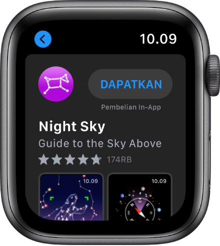 Apple Watch menampilkan app App Store.. Bidang pencarian muncul di dekat bagian atas layar dengan koleksi app di bawahnya.