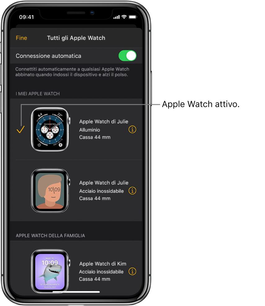 Nella schermata “Tutti gli Apple Watch” dell’app Watch, un segno di spunta mostra l’Apple Watch attivo.