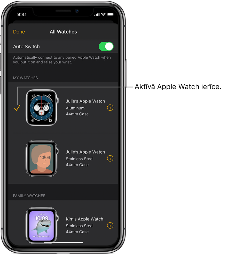 Lietotnes Apple Watch ekrānā All Watches ar kontrolzīmi ir atzīmēts aktīvais Apple Watch pulkstenis.