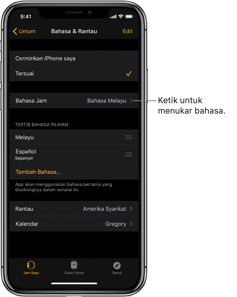 Skrin Bahasa dan Rantau dalam app Apple Watch, dengan seting Bahasa Jam berhampiran bahagian atas.