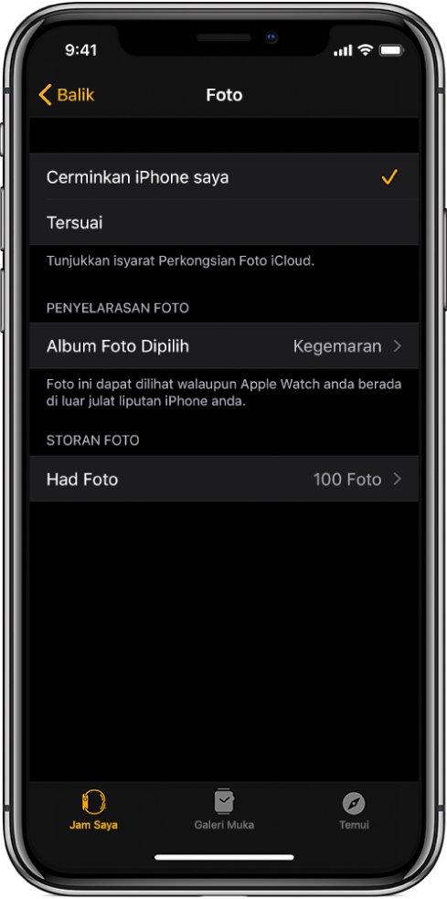 Seting foto dalam app Apple Watch pada iPhone, dengan seting Penyelarasan Foto di bahagian tengah dan seting Had Foto di bawahnya.