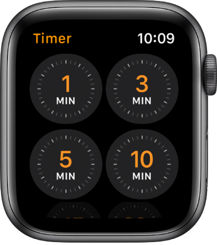 Het scherm van de Timer-app, met timers voor 1, 3, 5 en 10 minuten.