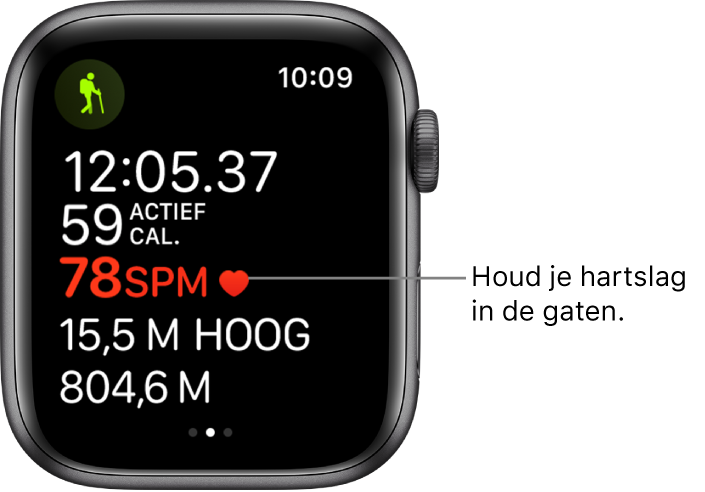 Een scherm met work-outgegevens, zoals de verstreken tijd en de hartslag.