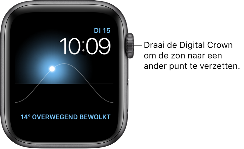 De wijzerplaat Zonnestand toont de dag, de datum en de actuele tijd. Dit kun je niet wijzigen. Rechtsonderin bevindt zich een Weer-complicatie. Draai de Digital Crown om de zon te verzetten naar dageraad, hoogste punt, zonsondergang, schemerdonker en laagste punt.