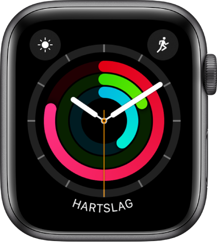 De wijzerplaat Activiteit analoog die de tijd laat zien en aangeeft wat je vorderingen zijn ten opzichte van je dagelijkse doel voor bewegen, trainen en staan. Er zijn ook drie complicaties: Het weer linksbovenin, Work-out rechtsbovenin en Hartslag onderin.